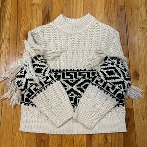 Aqua Black and White Crew Neck Sweater with Geometric Pattern